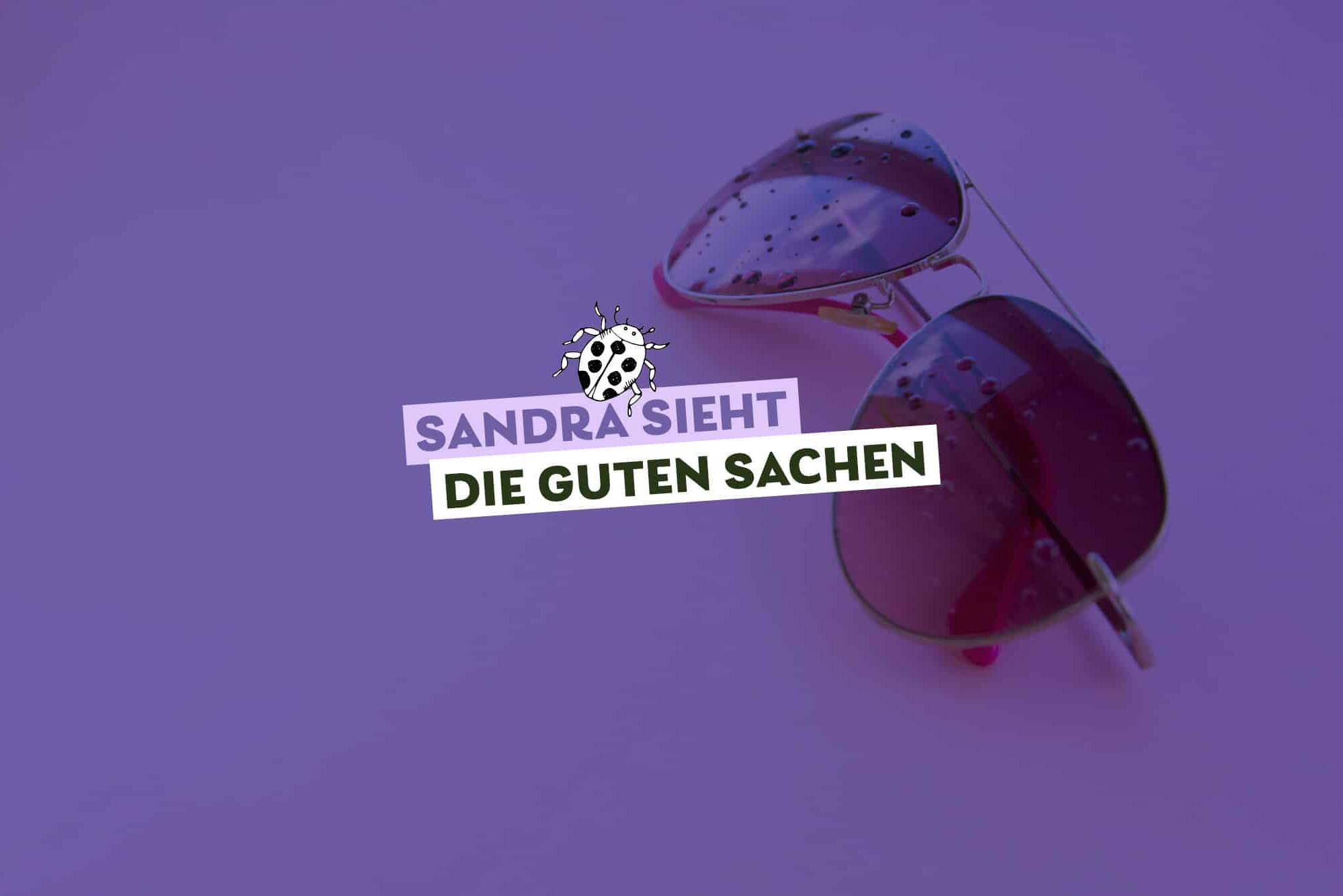 lila Sonnenbrille vor lila Hintergrund, Text: Sandra sieht die guten Sachen