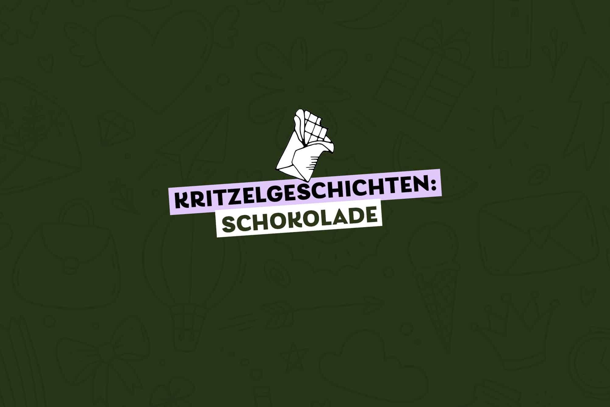 gezeichnete Tafel Schokolade, halboffen und angebissen, Text dazu: Kritzelgeschichten Schokolade