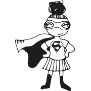 illustrierte Sandra in Superhero-Pose mit Händen in die Hüfte gestemmt